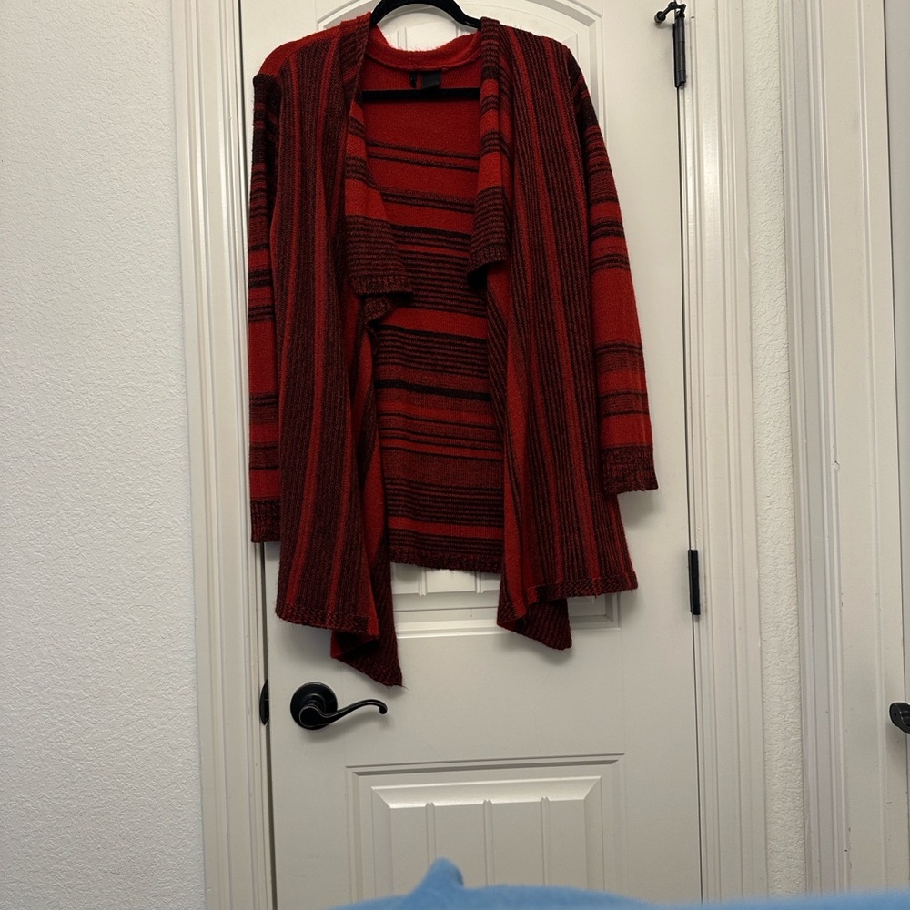 New Directions Red and Black Striped Cardigan